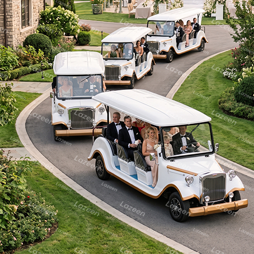Electric shuttle transporting guests between wedding event areas at a luxury resort