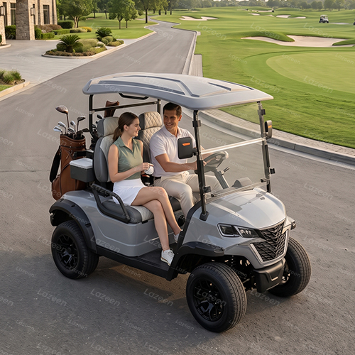 Electric golf cart transporting guests between a clubhouse and golf course