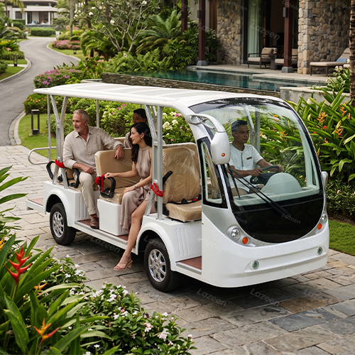 Electric passenger shuttle transporting guests between villas at a luxury resort